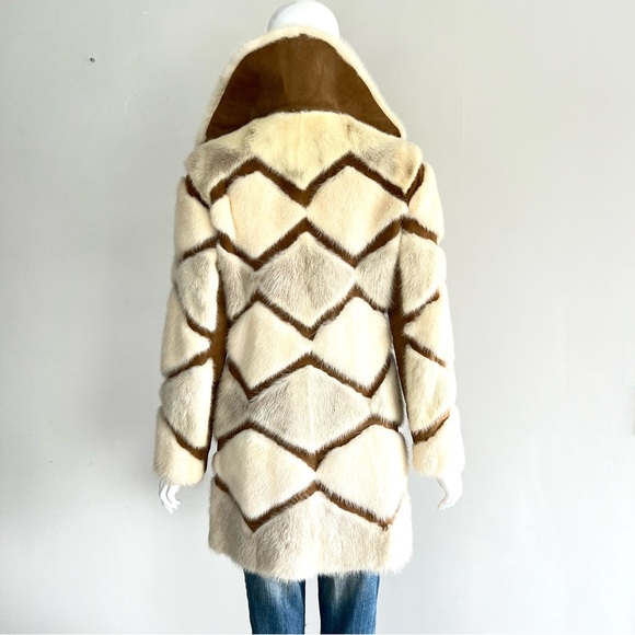 Genuine Geometric Cream w Light Gray Mink Tan Faux Suede Mid Jacket Coat Sz XS-M - Picture 6 of 15